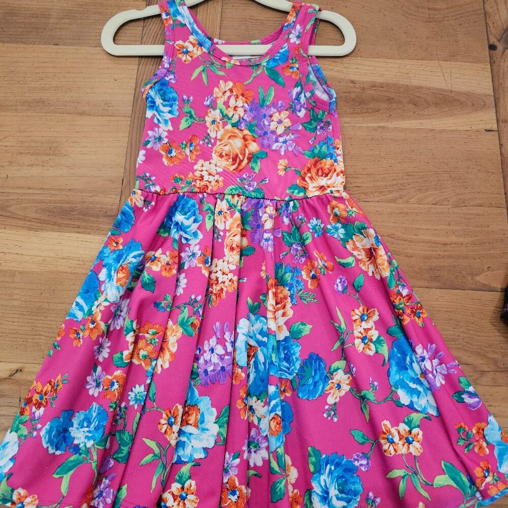 LuLaRoe SZ 2 DDS Dot Dot Smile Kids Tank Dress Pink Floral  Swing Flowy Twirl